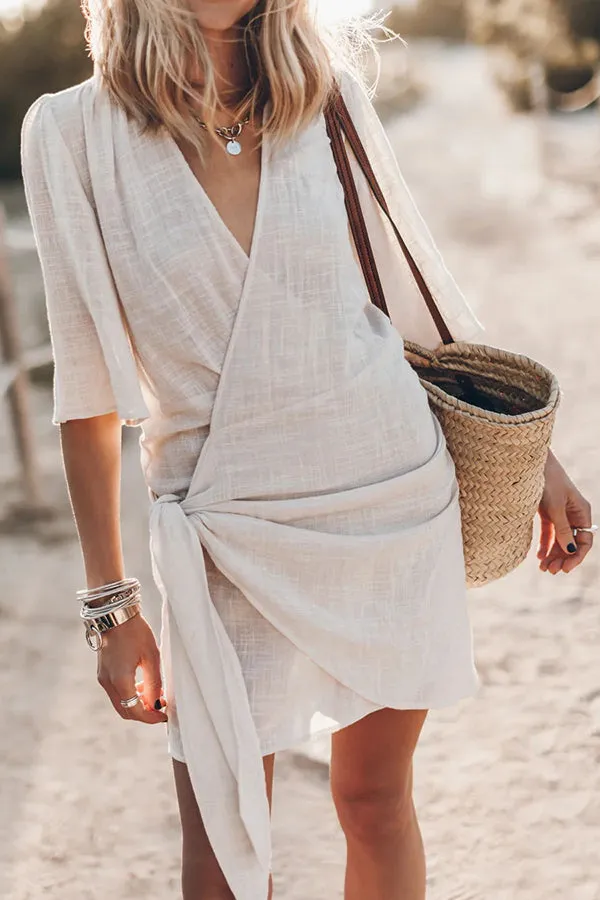 Easy Breezy Cotton Linen Blend Knotted Wrap Mini Dress