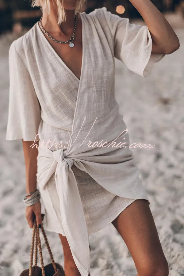 Easy Breezy Cotton Linen Blend Knotted Wrap Mini Dress