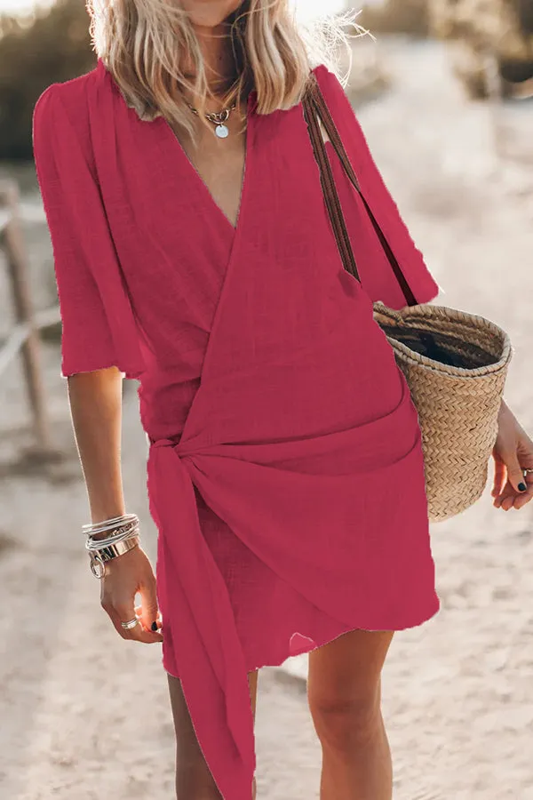 Easy Breezy Cotton Linen Blend Knotted Wrap Mini Dress