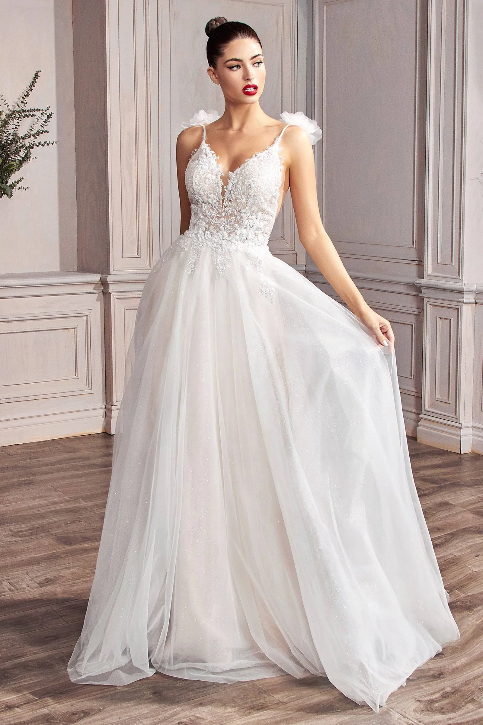 Elegant Floral Long Gown with Flower Accents on Sleeves and Embroidered Bodice Ladivine CD215W