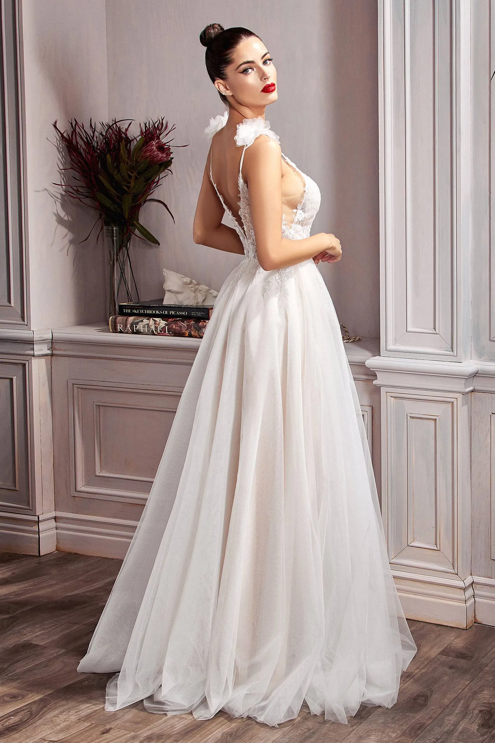 Elegant Floral Long Gown with Flower Accents on Sleeves and Embroidered Bodice Ladivine CD215W