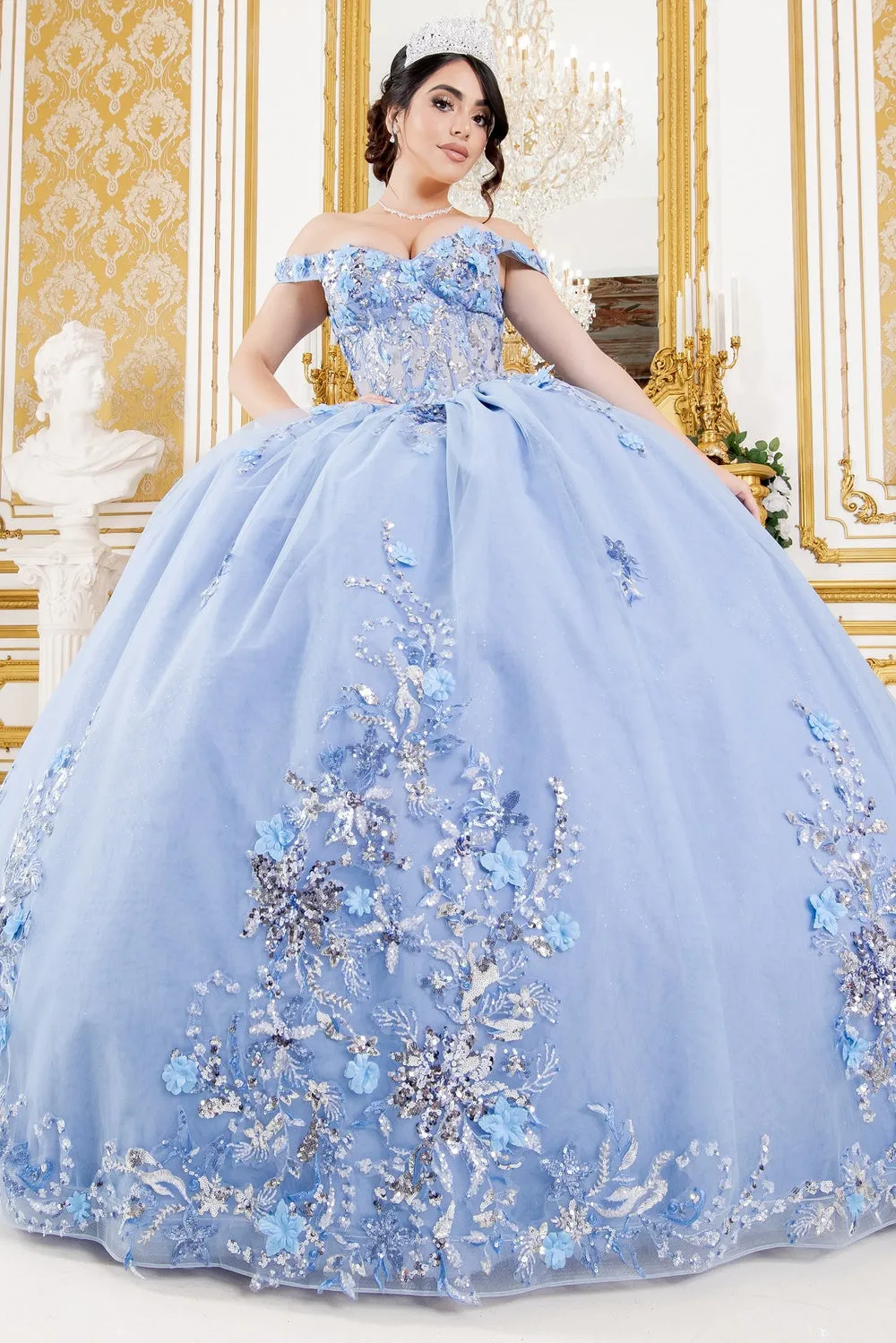 Enchanting Floral Details Quinceañera Ball Gown for Women, Sizes XS-3XL