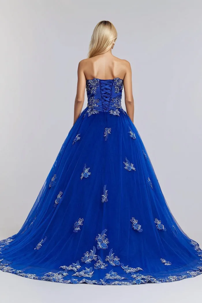 Exquisite Royal Blue Strapless Flower Appliques Quinceanera Dresses