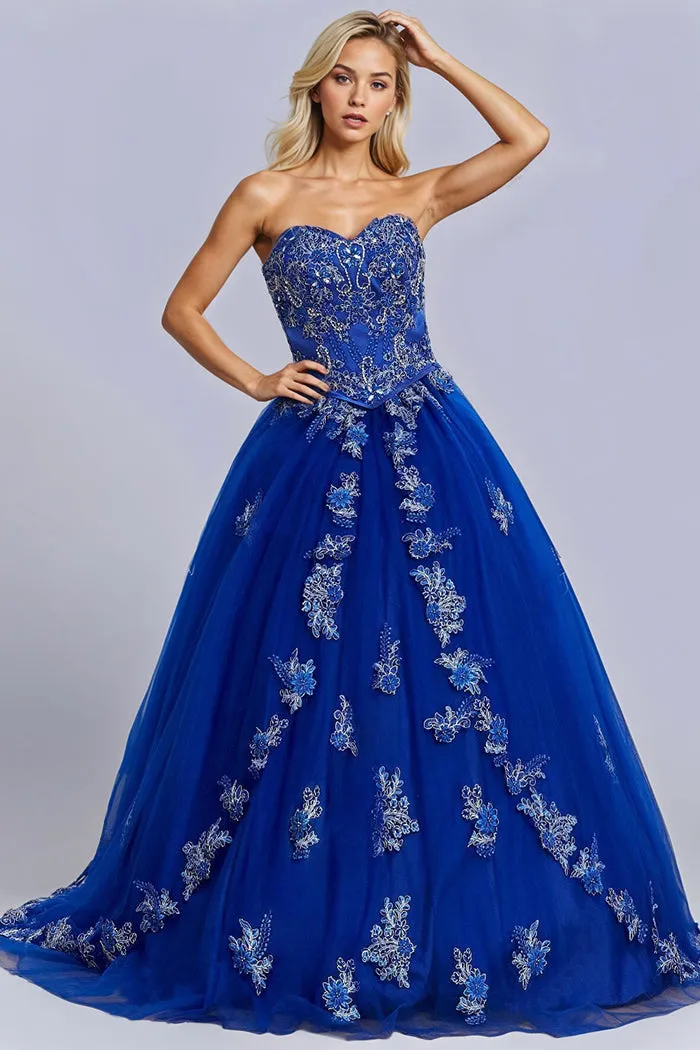 Exquisite Royal Blue Strapless Flower Appliques Quinceanera Dresses