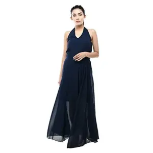 Fashion Hub Halter Dress for Women (Small, Navy)