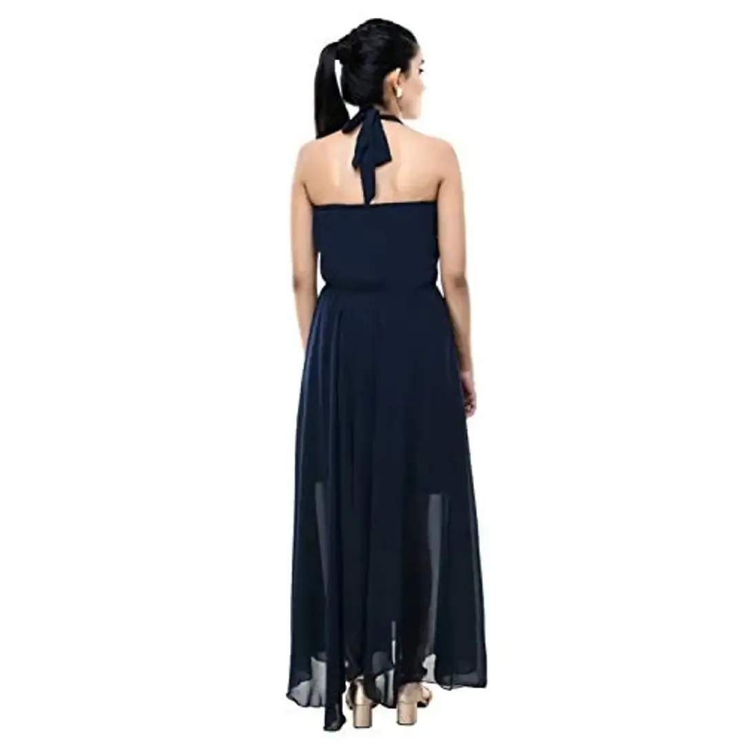 Fashion Hub Halter Dress for Women (Small, Navy)