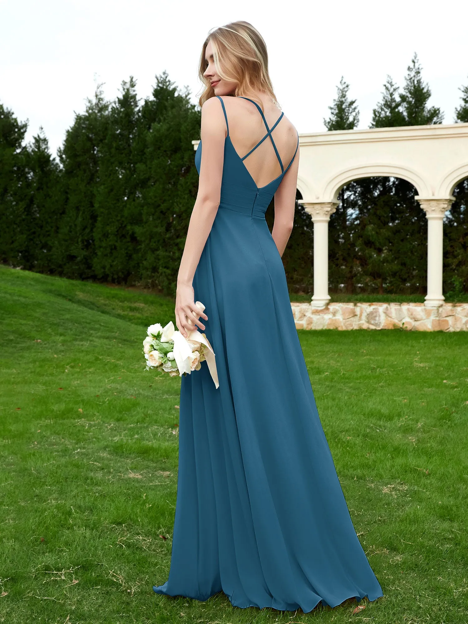 Floor Length V Neck Chiffon Bridesmaid Gown Ink Blue Plus Size