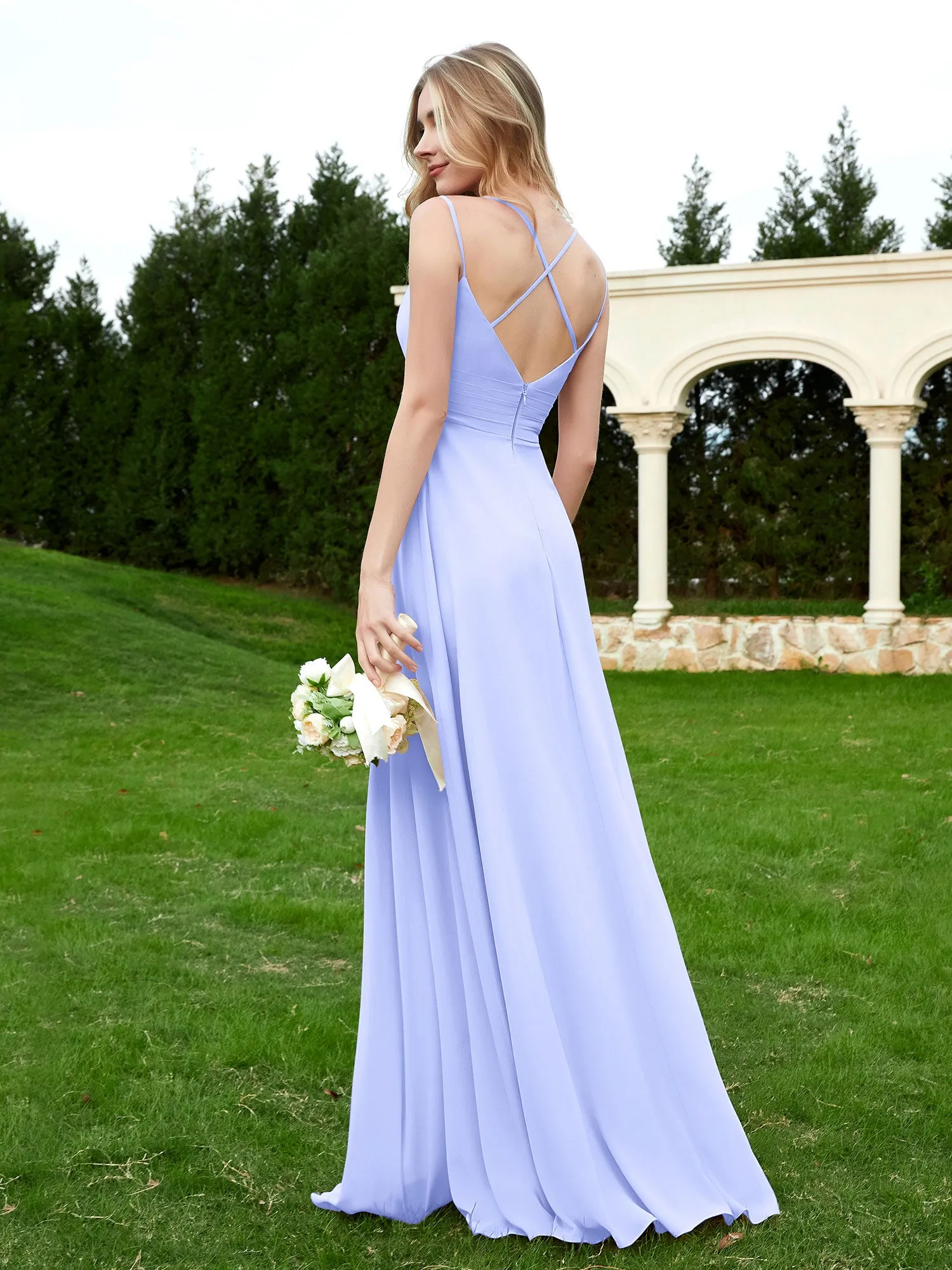 Floor Length V Neck Chiffon Bridesmaid Gown Lavender