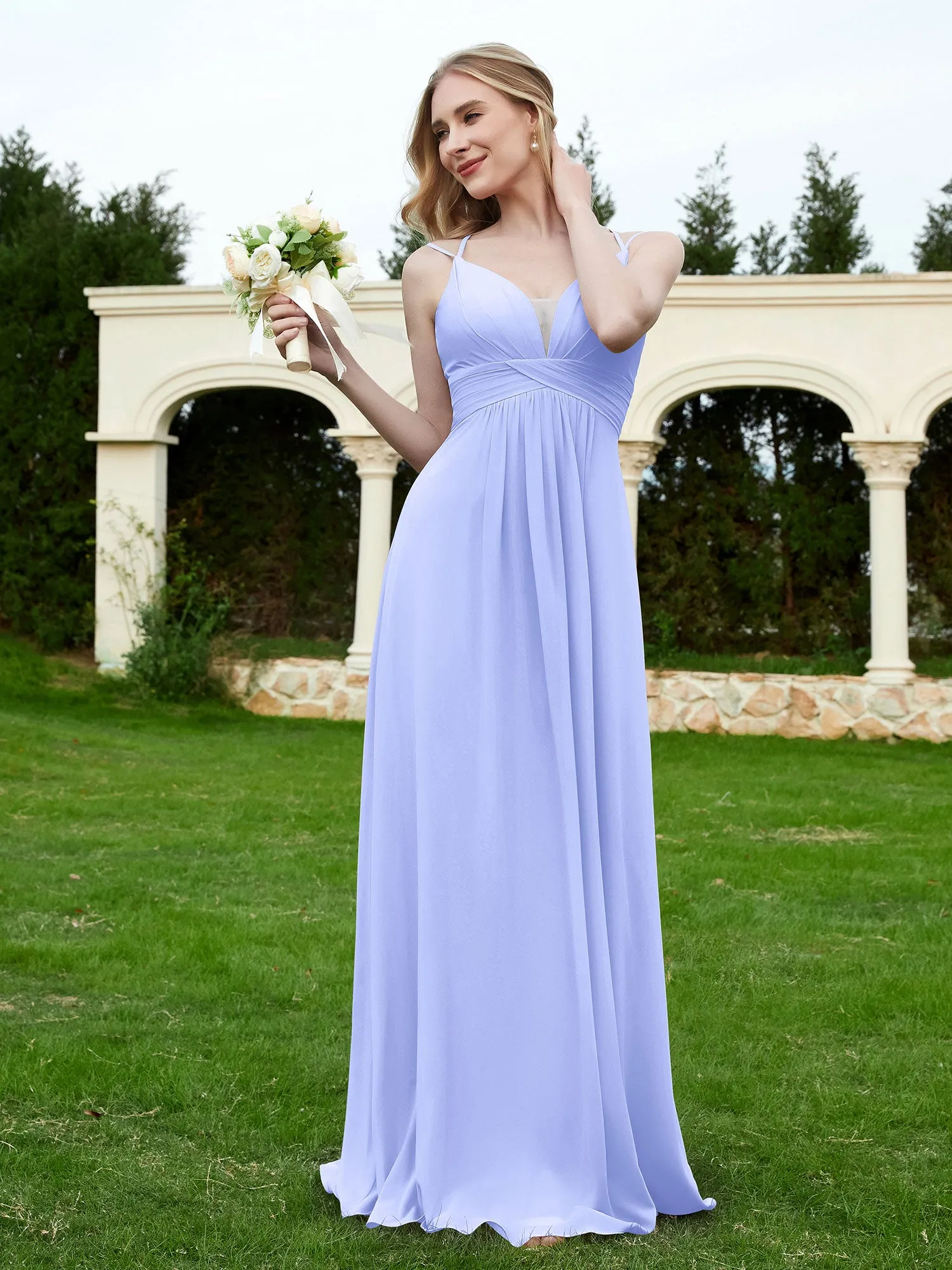 Floor Length V Neck Chiffon Bridesmaid Gown Lavender