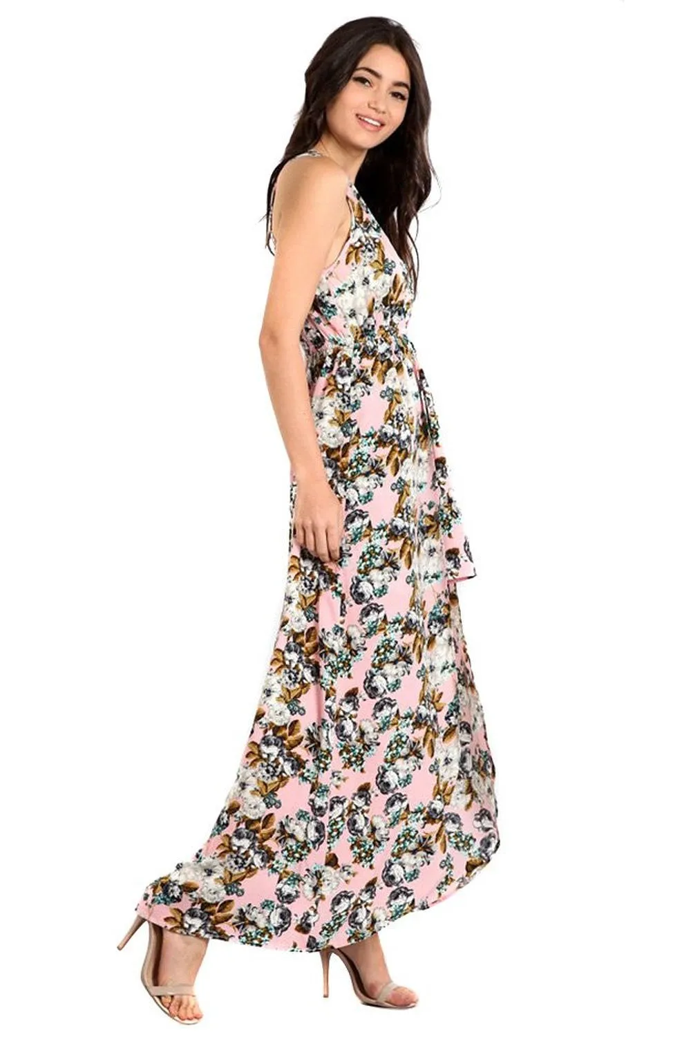 Floral Pink Asymmetric Hi-Lo Relaxed V-Neck Knit Maxi Dress