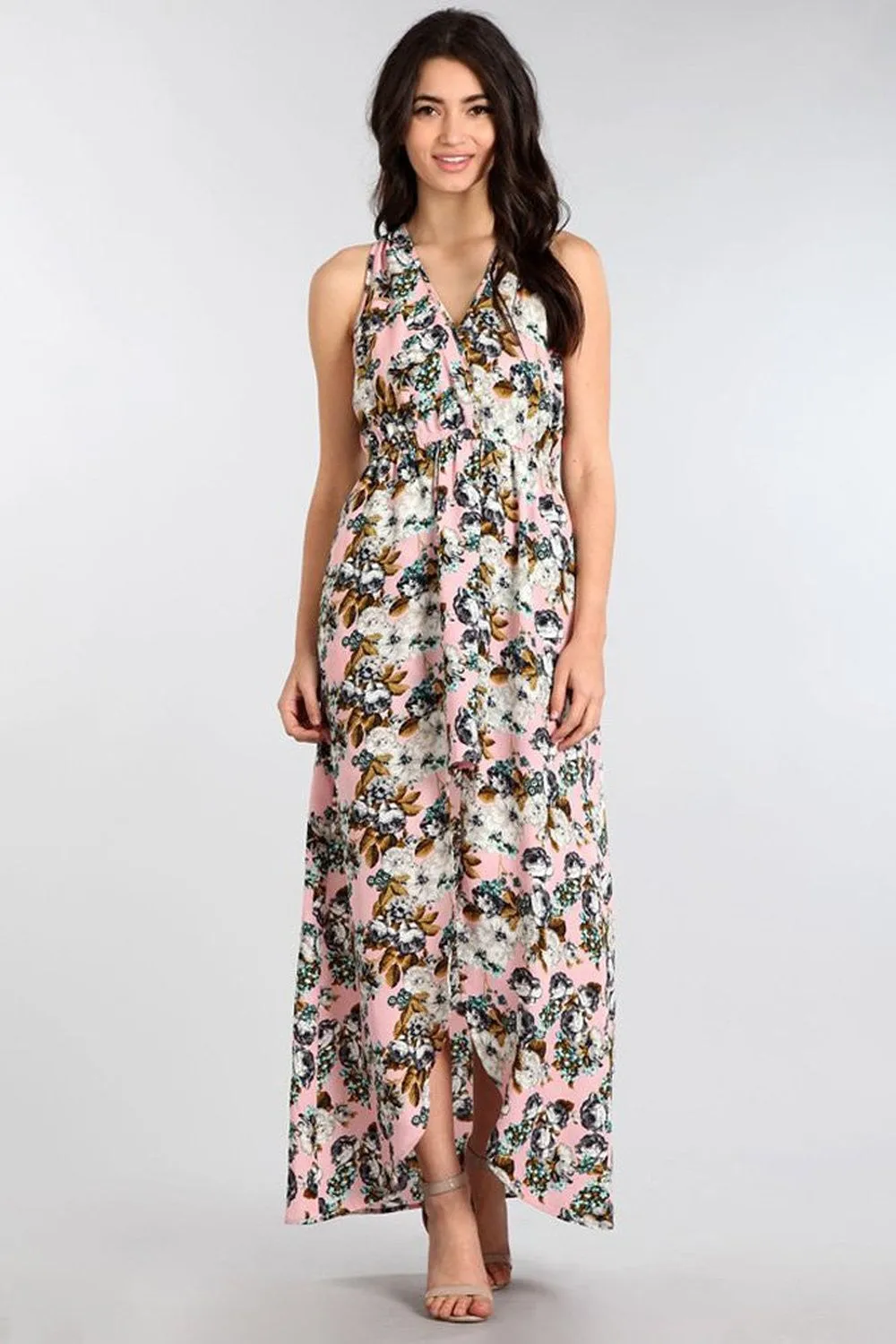 Floral Pink Asymmetric Hi-Lo Relaxed V-Neck Knit Maxi Dress