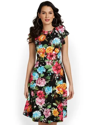 Floral-Print Tie-Neck Flare Dress - Magic Crepe®