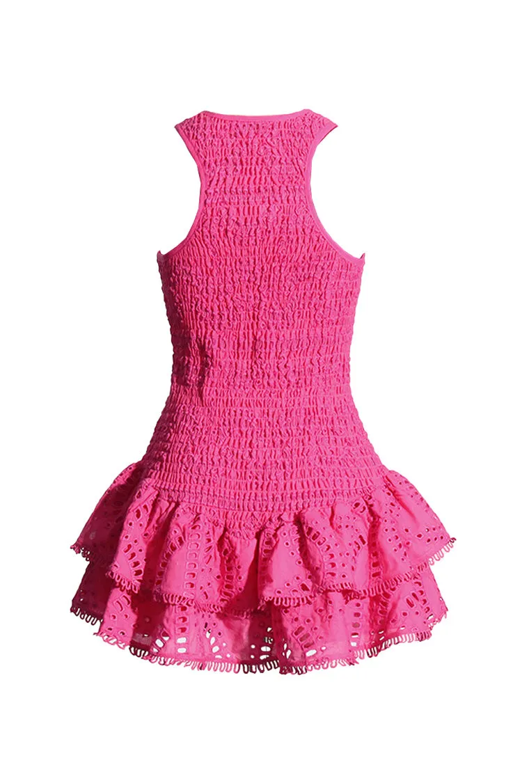 Flowy Scoop Neck Smocked Broderie Anglaise Tiered Ruffle Mini Sundress