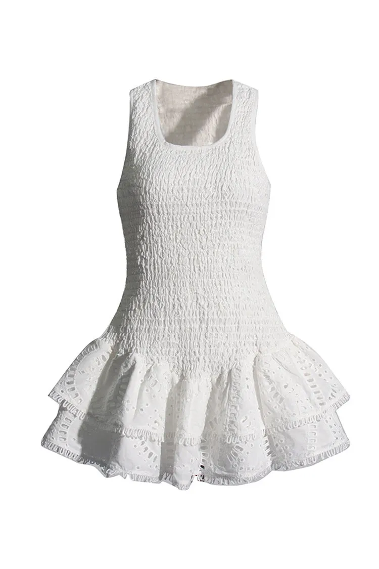 Flowy Scoop Neck Smocked Broderie Anglaise Tiered Ruffle Mini Sundress