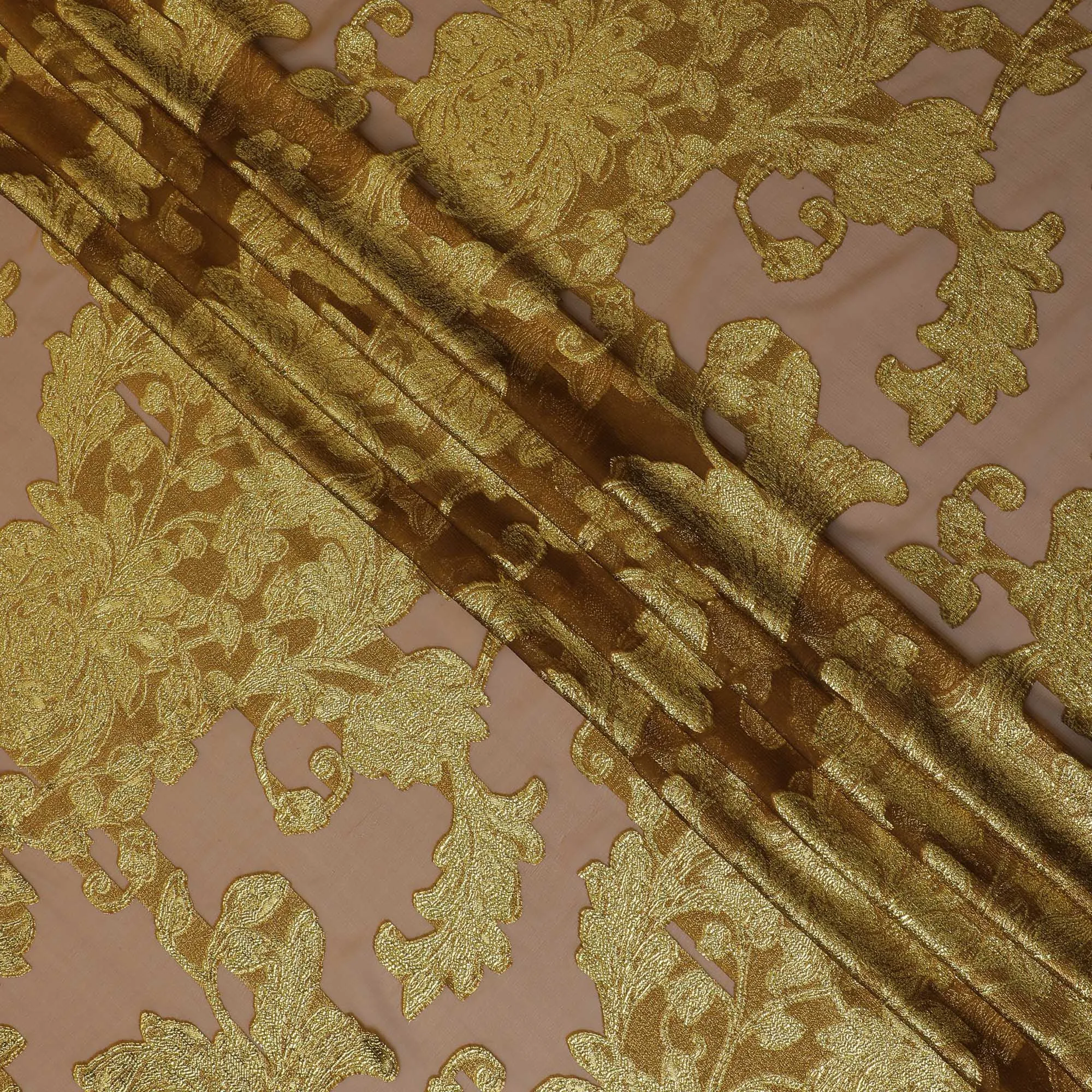 French Silk Chiffon (Fransawi) Fabric with Metallic Gold and Peach Lurex Floral Design, 140 cm Width-D19746