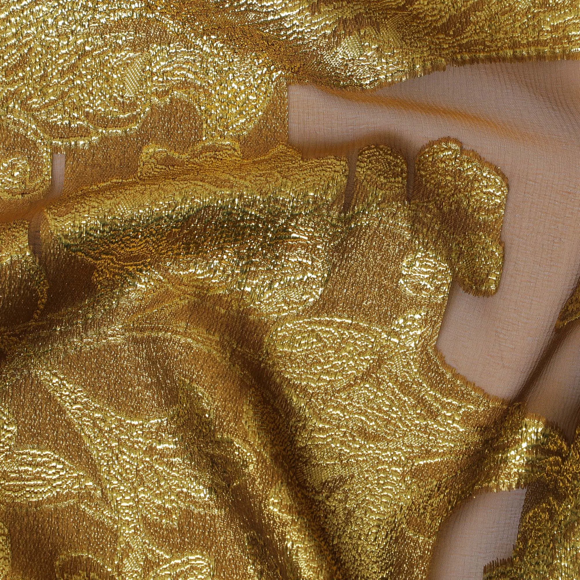 French Silk Chiffon (Fransawi) Fabric with Metallic Gold and Peach Lurex Floral Design, 140 cm Width-D19746