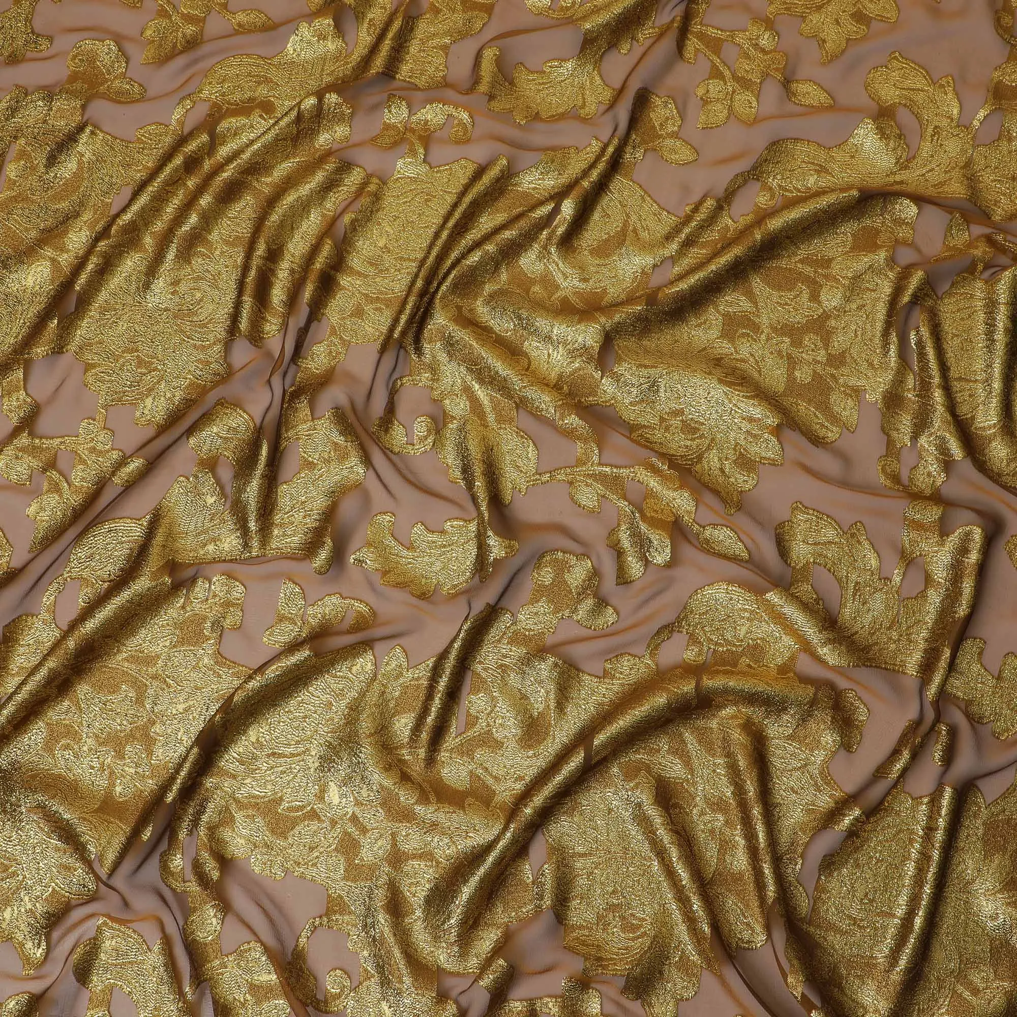 French Silk Chiffon (Fransawi) Fabric with Metallic Gold and Peach Lurex Floral Design, 140 cm Width-D19746