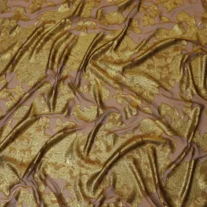 French Silk Chiffon (Fransawi) Fabric with Metallic Gold and Peach Lurex Floral Design, 140 cm Width-D19746