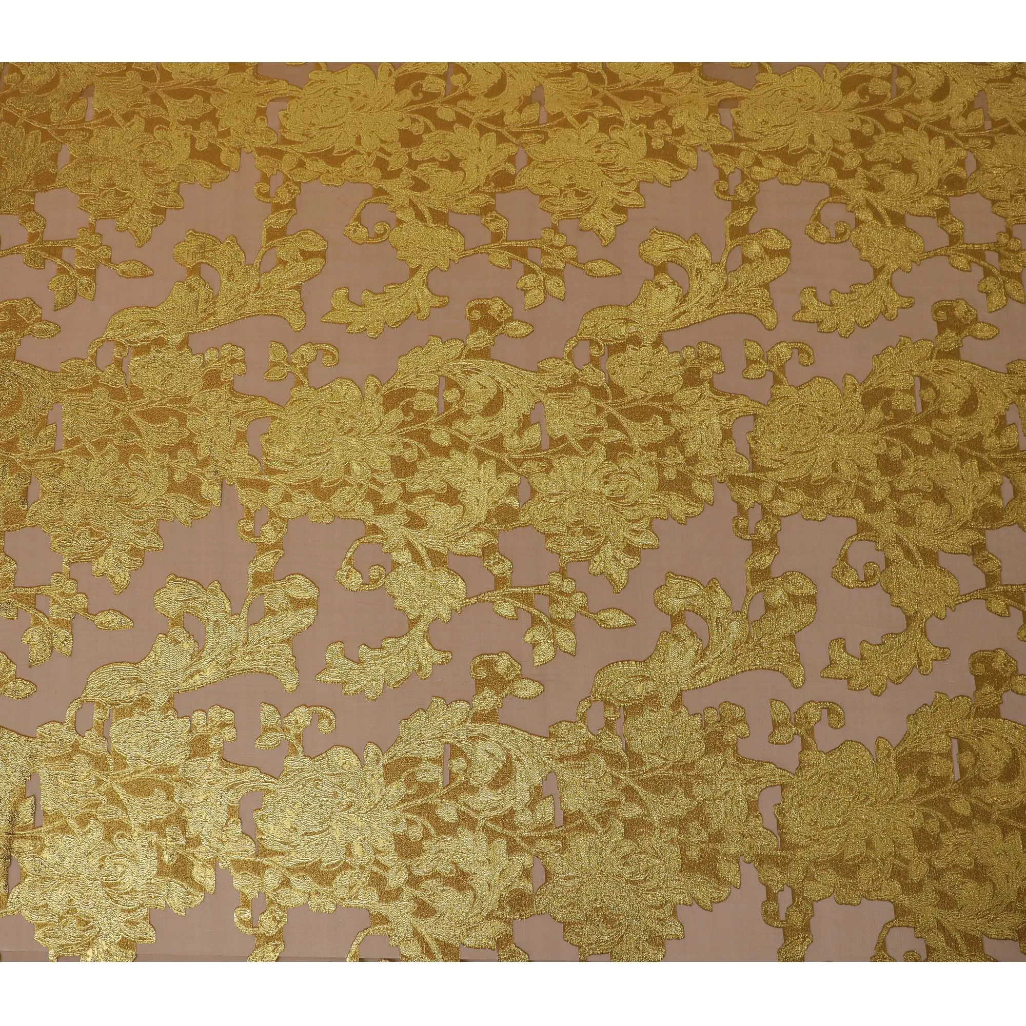 French Silk Chiffon (Fransawi) Fabric with Metallic Gold and Peach Lurex Floral Design, 140 cm Width-D19746