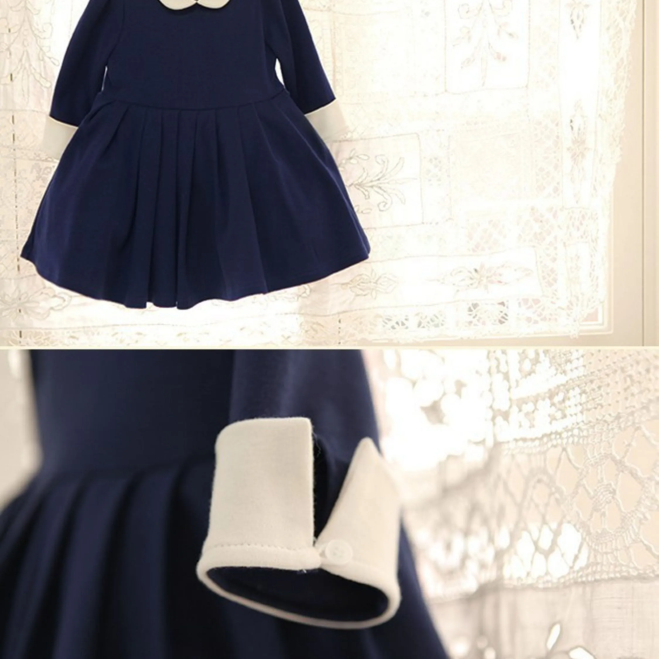 Full Sleeve Beautiful White Collar Girls Dress, Blue