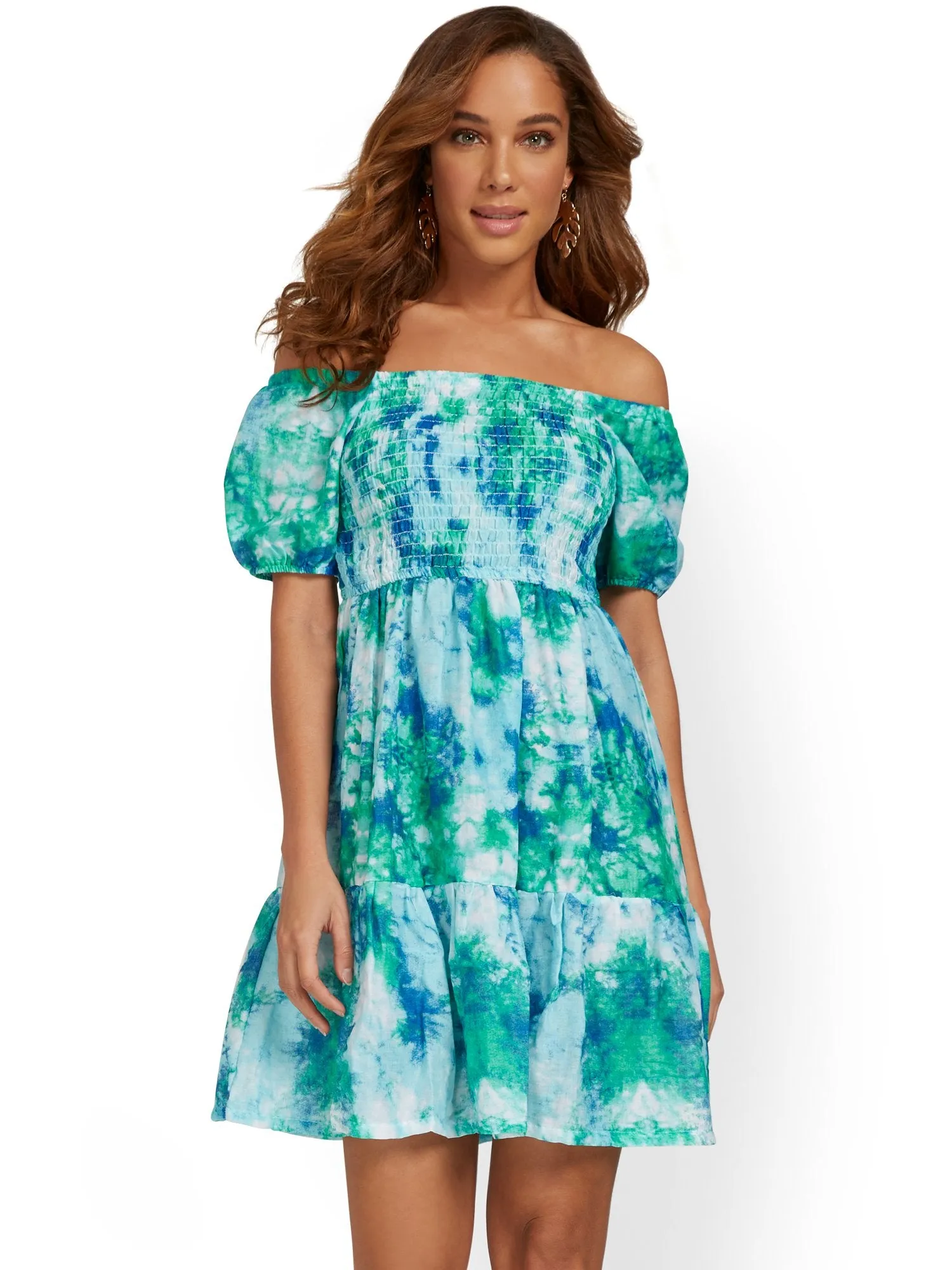 Gauze Tie-Dye Off-The-Shoulder Smocked Dress