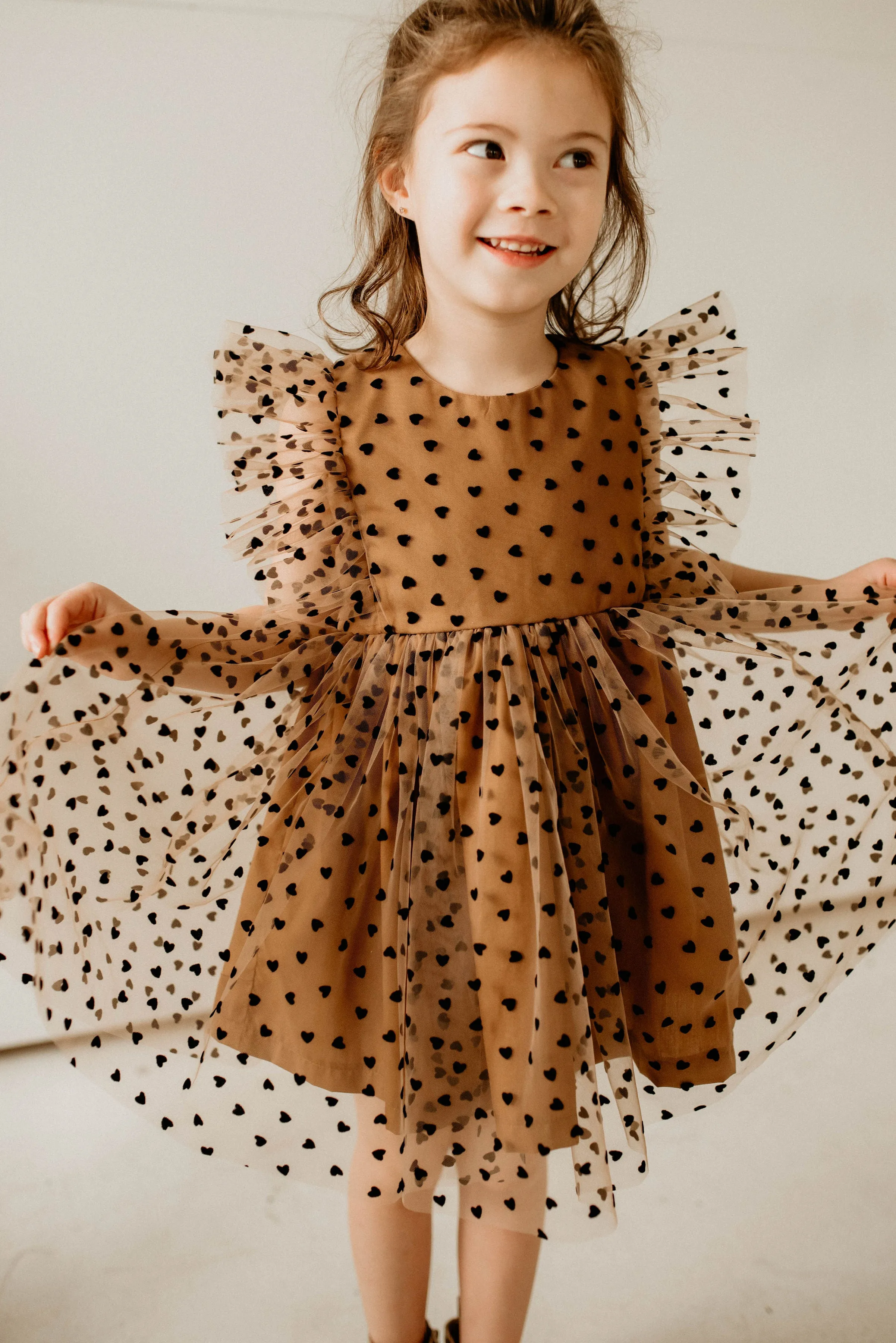 Girl's Black and Brown Tulle Hearts Valentine's Day Twirl Dress