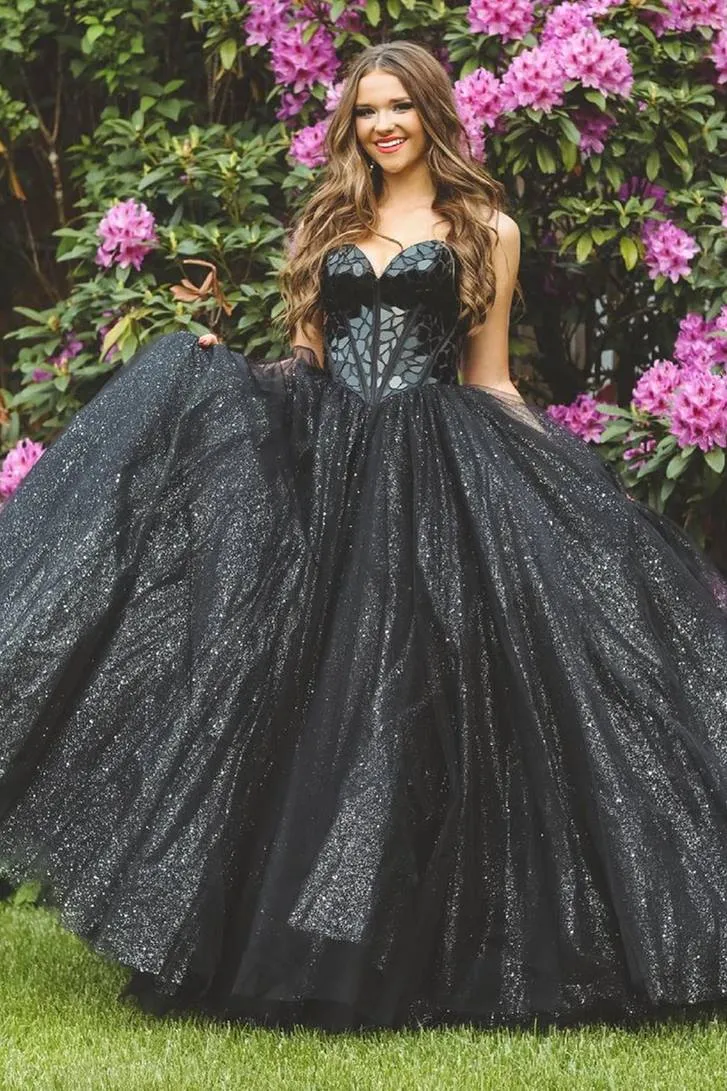 Glitter Tulle Sweetheart Black Long Quinceanera Dresses