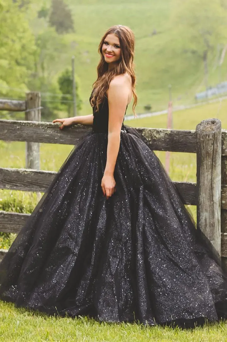 Glitter Tulle Sweetheart Black Long Quinceanera Dresses