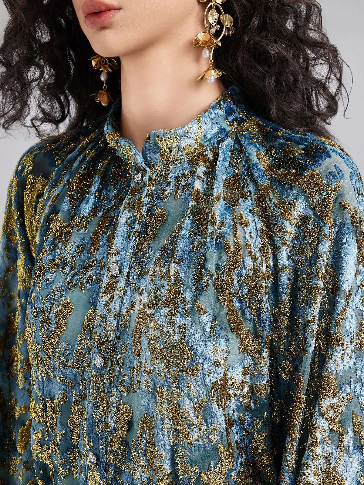 Gold Burnt Floral Velvet Stand Collar Dress