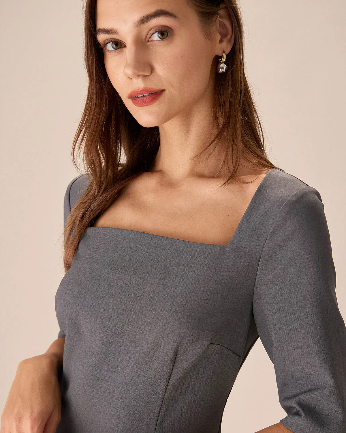 Grey Square Neck Slit Midi Dress