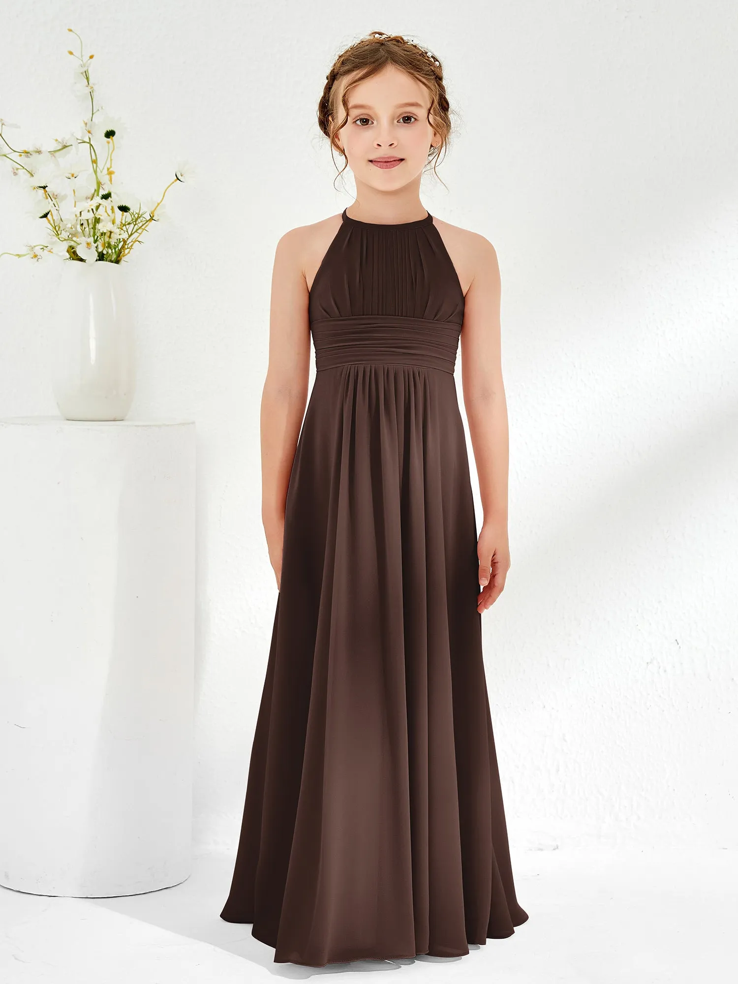 Halter Chiffon Junior Bridesmaid Dresses Chocolate