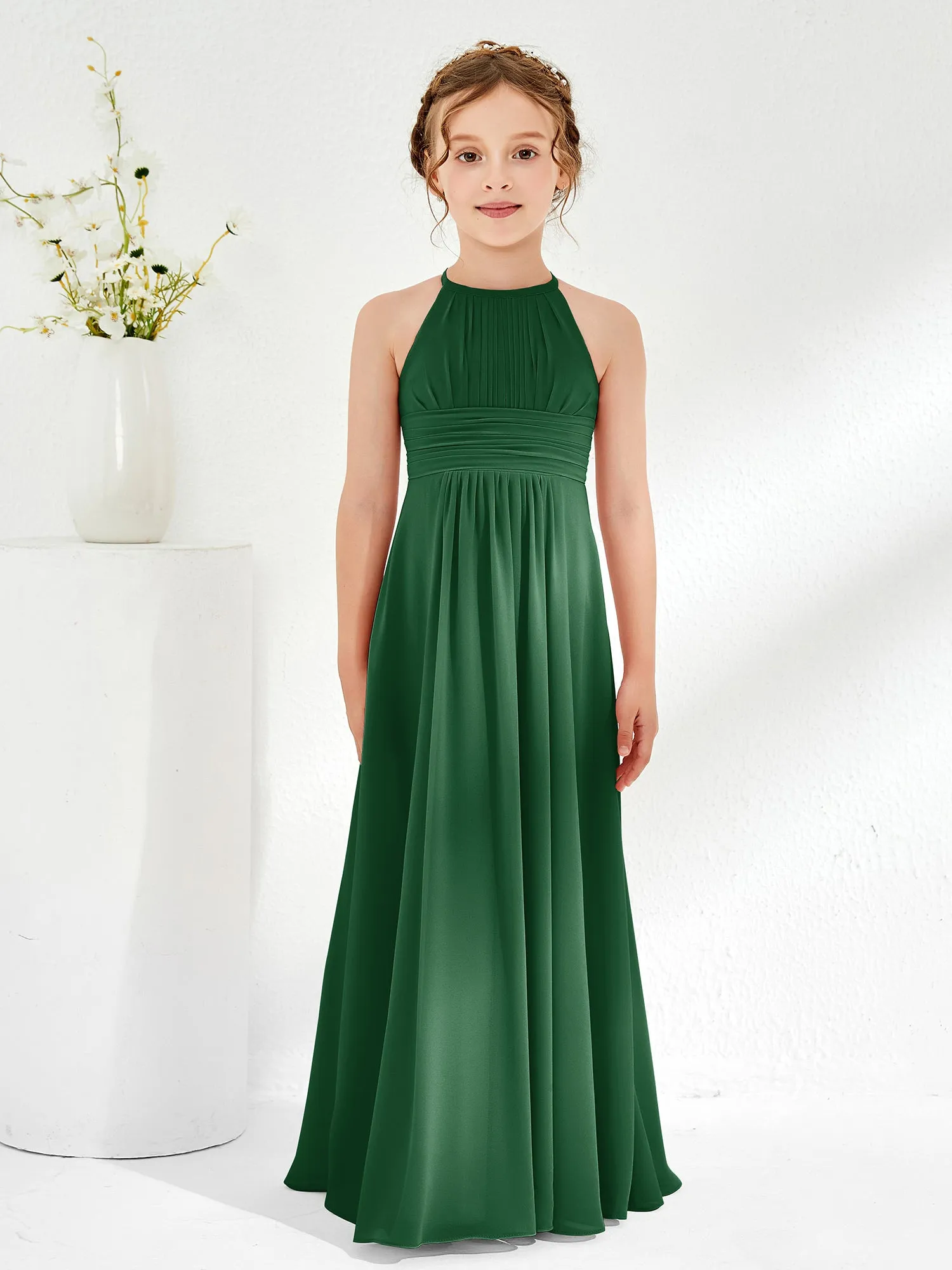 Halter Chiffon Junior Bridesmaid Dresses Dark Green