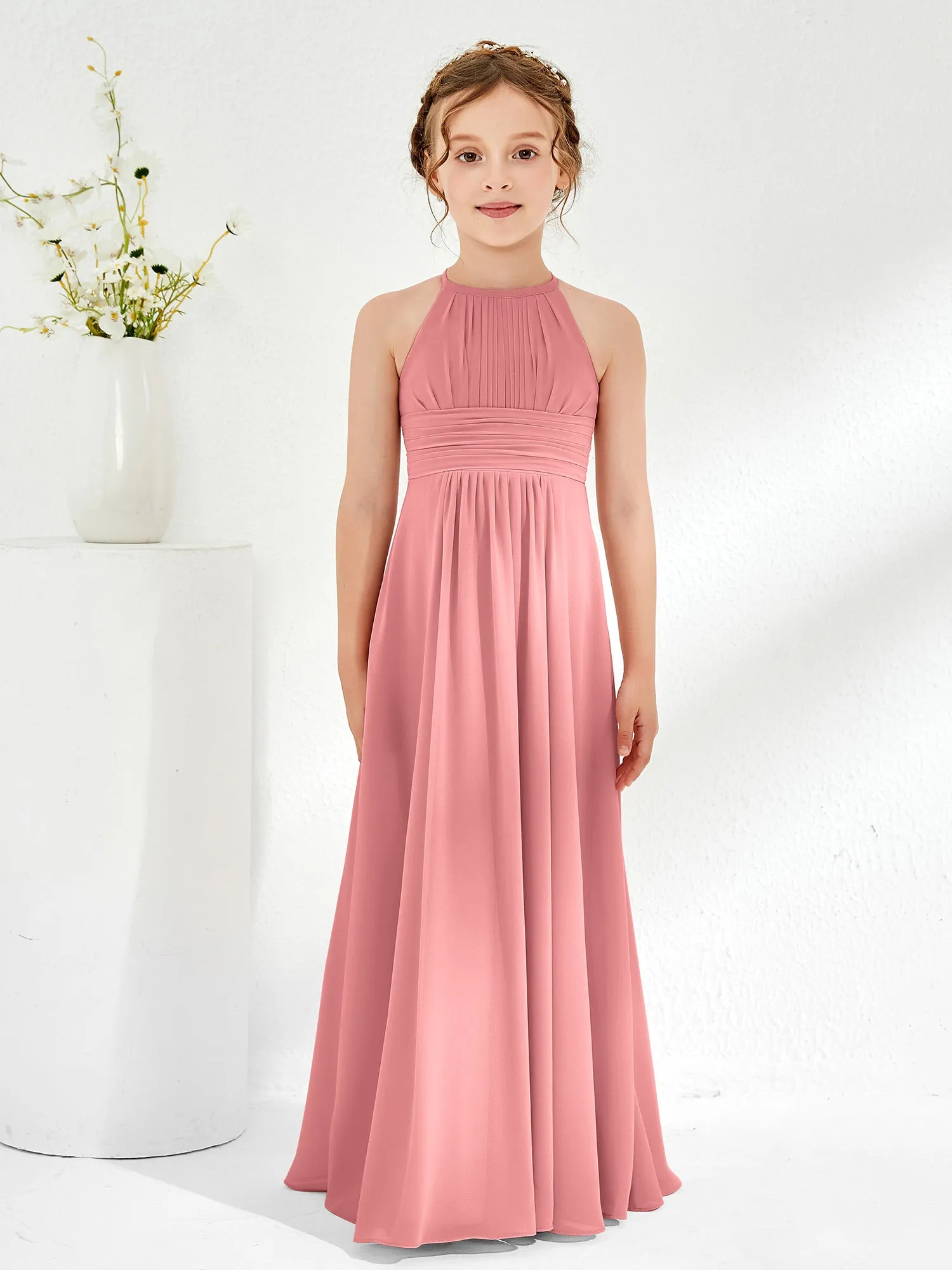 Halter Chiffon Junior Bridesmaid Dresses Flamingo