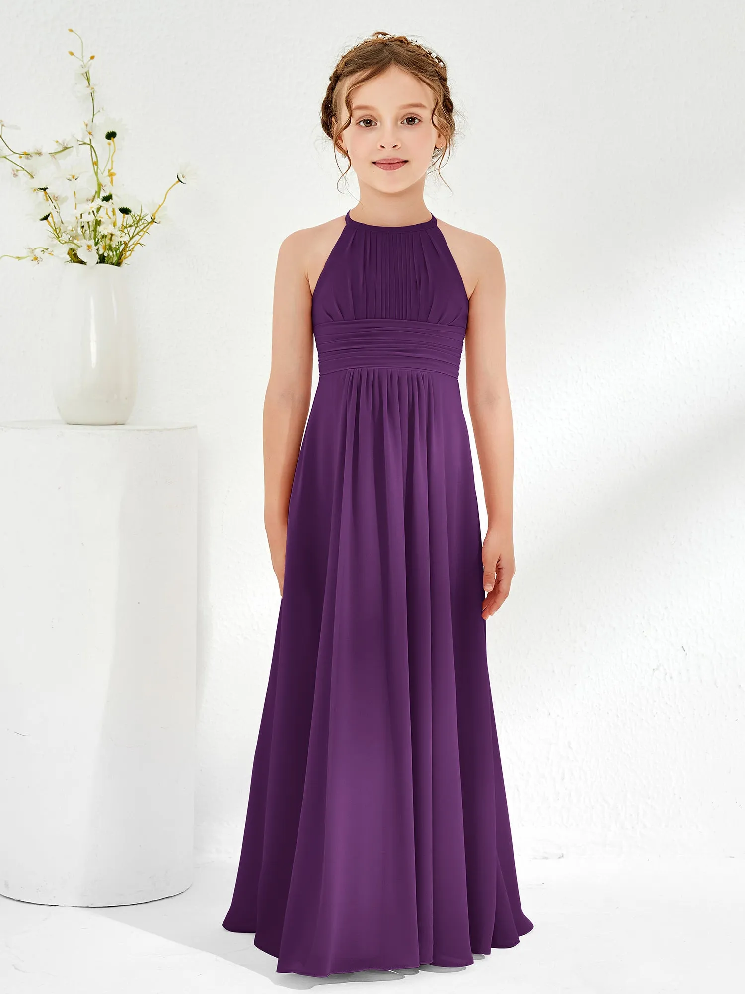 Halter Chiffon Junior Bridesmaid Dresses Grape