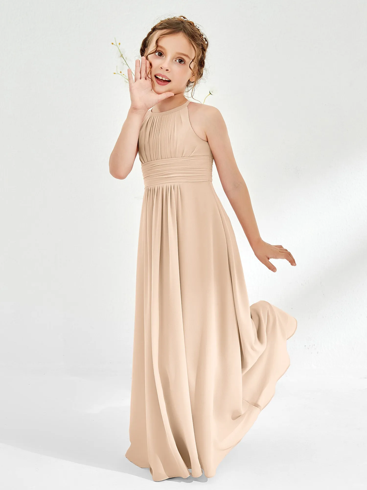 Halter Chiffon Junior Bridesmaid Dresses Peach