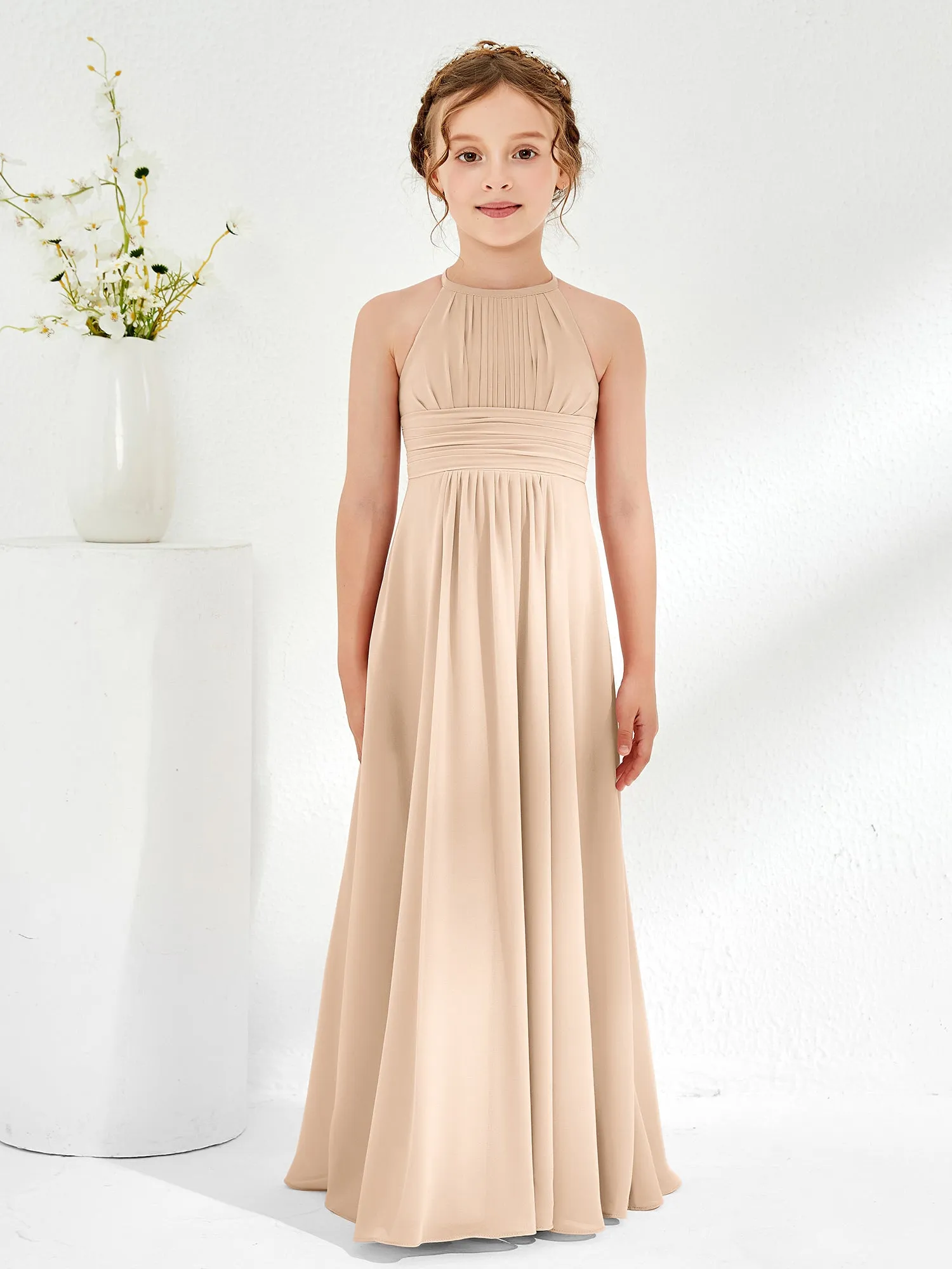 Halter Chiffon Junior Bridesmaid Dresses Peach