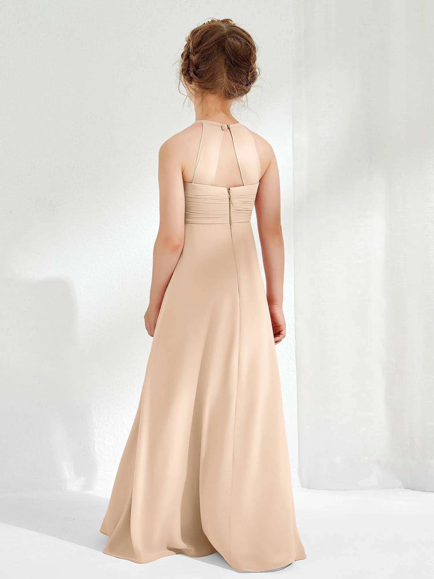 Halter Chiffon Junior Bridesmaid Dresses Peach