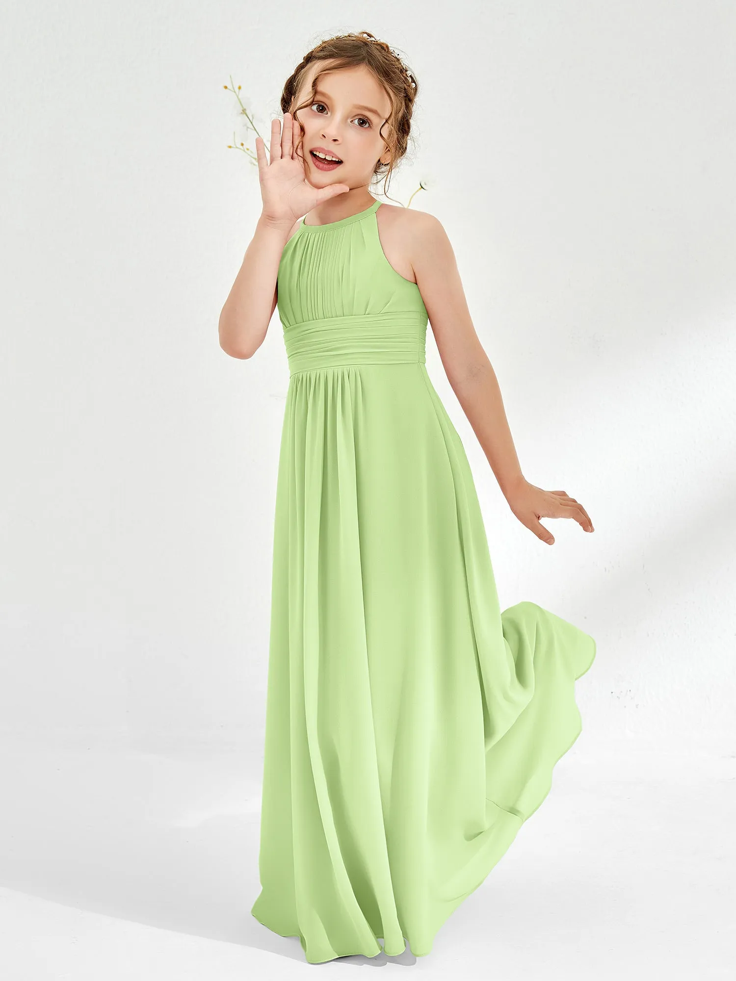 Halter Chiffon Junior Bridesmaid Dresses Sage