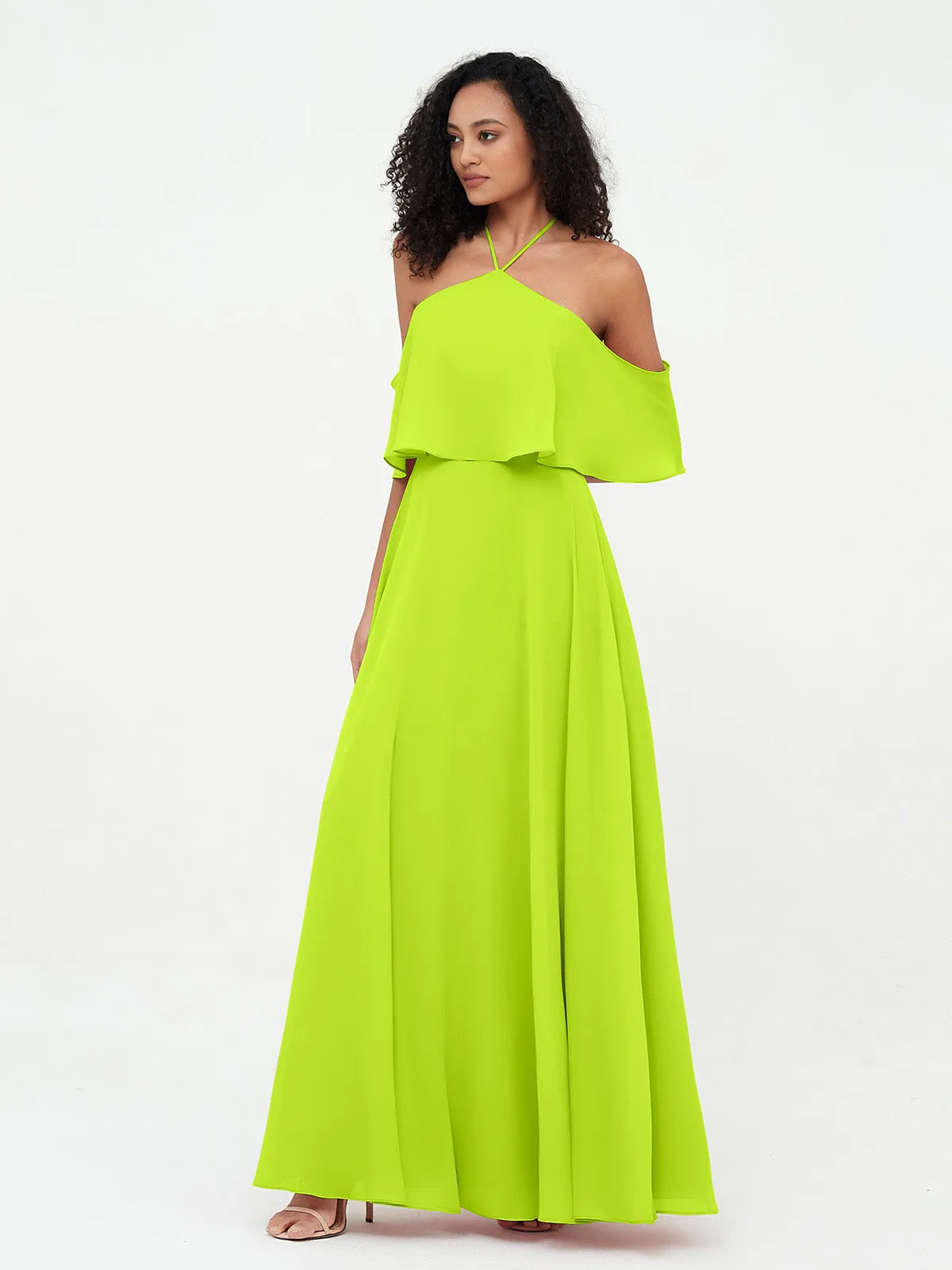 Halter Off the Shoulder Max Dresses with Pockets-Lime Green