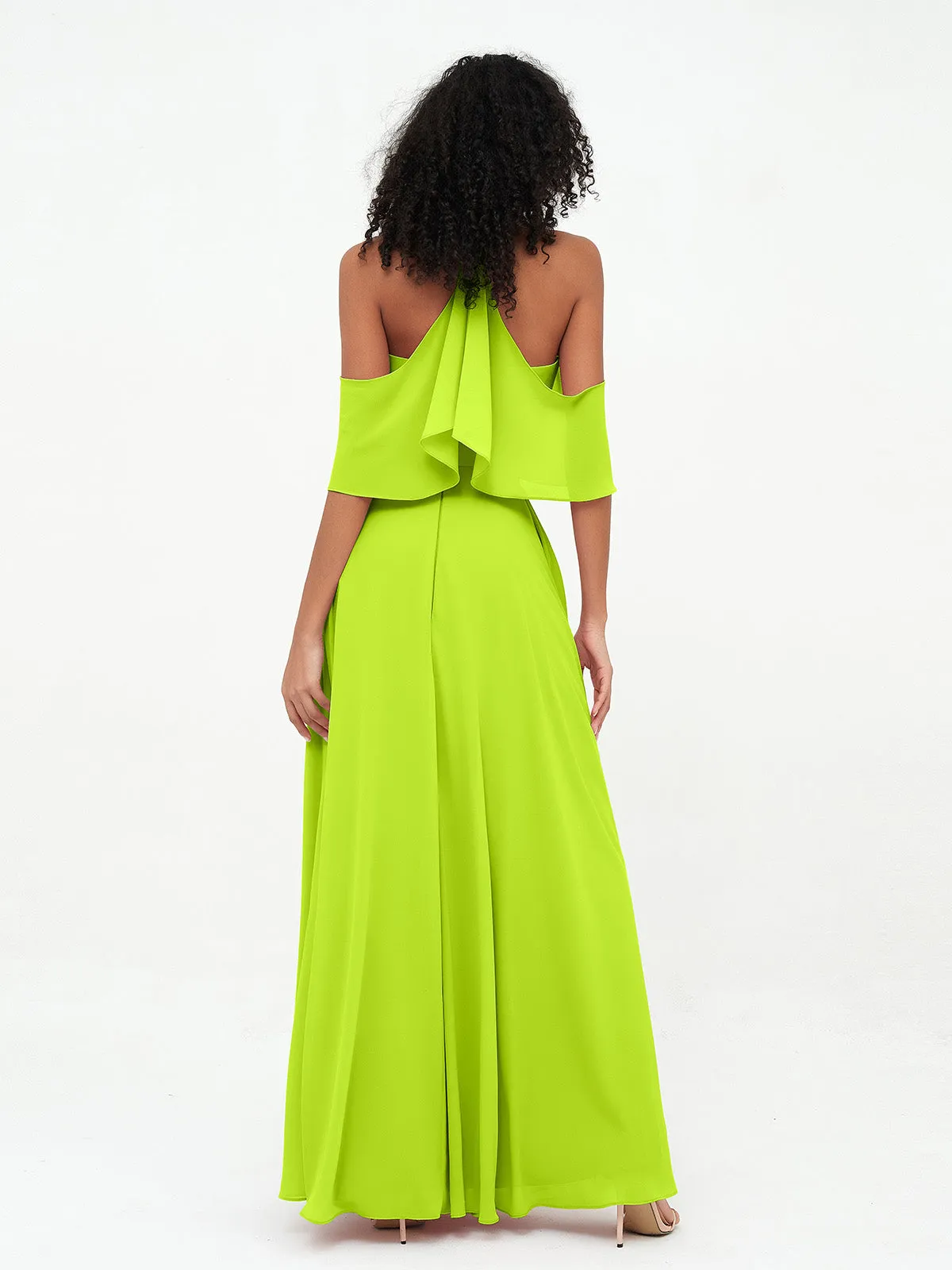 Halter Off the Shoulder Max Dresses with Pockets-Lime Green