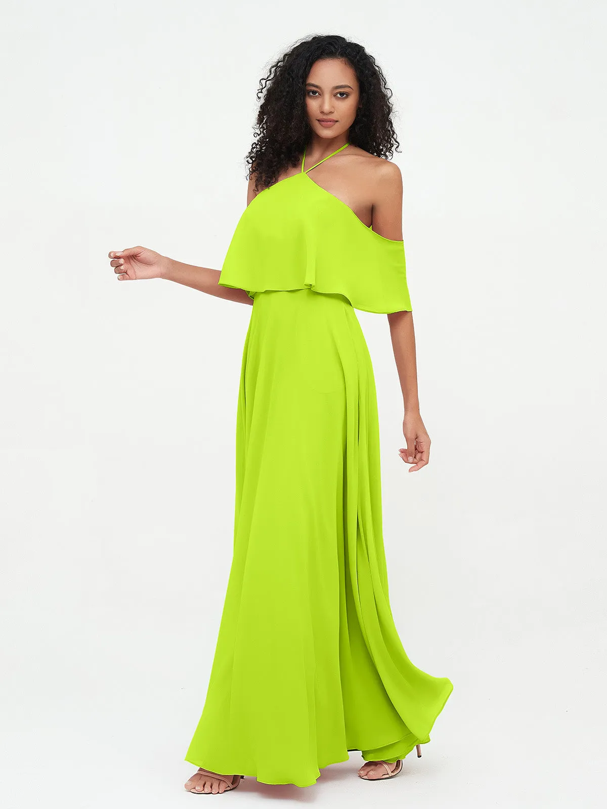 Halter Off the Shoulder Max Dresses with Pockets-Lime Green