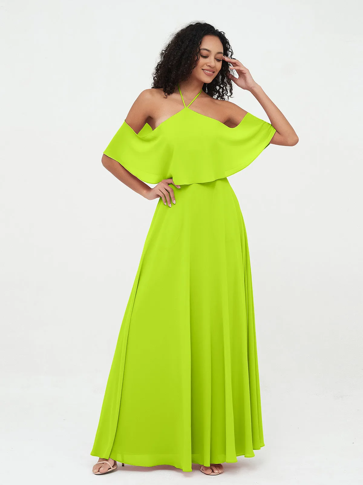 Halter Off the Shoulder Max Dresses with Pockets-Lime Green