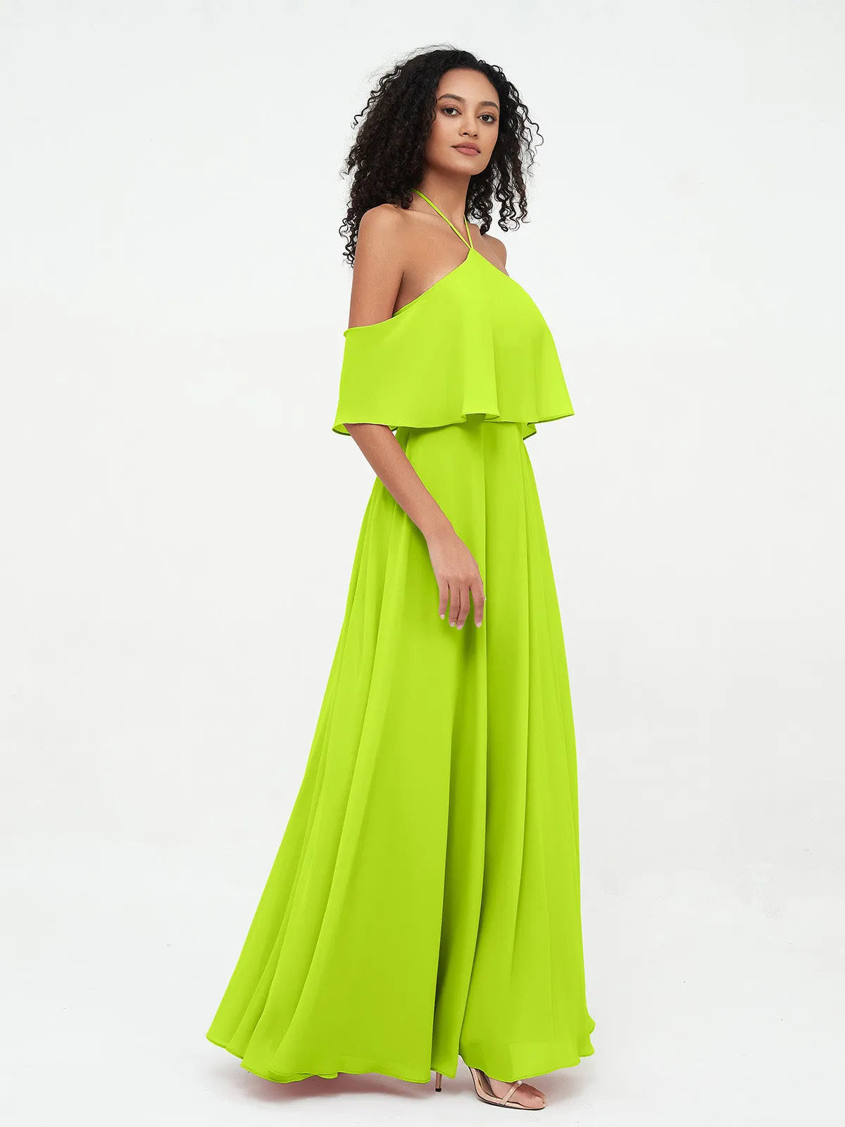 Halter Off the Shoulder Max Dresses with Pockets-Lime Green