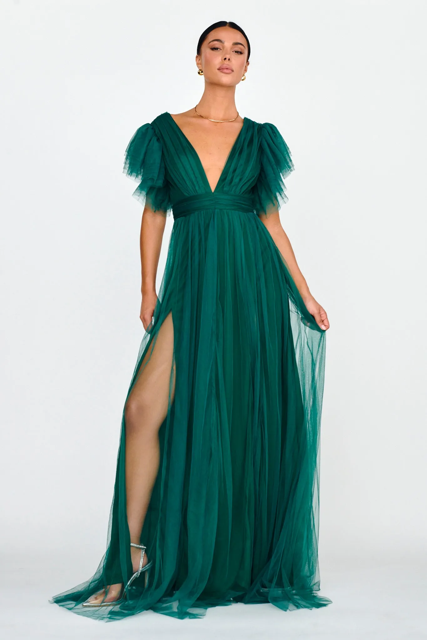 Heaven's Love Deep V-Neck Tulle Maxi Dress Hunter Green