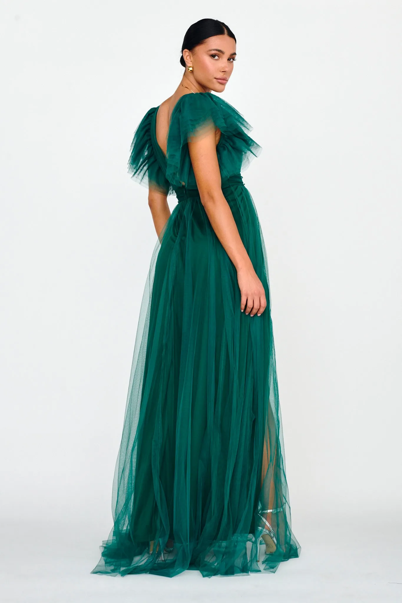 Heaven's Love Deep V-Neck Tulle Maxi Dress Hunter Green