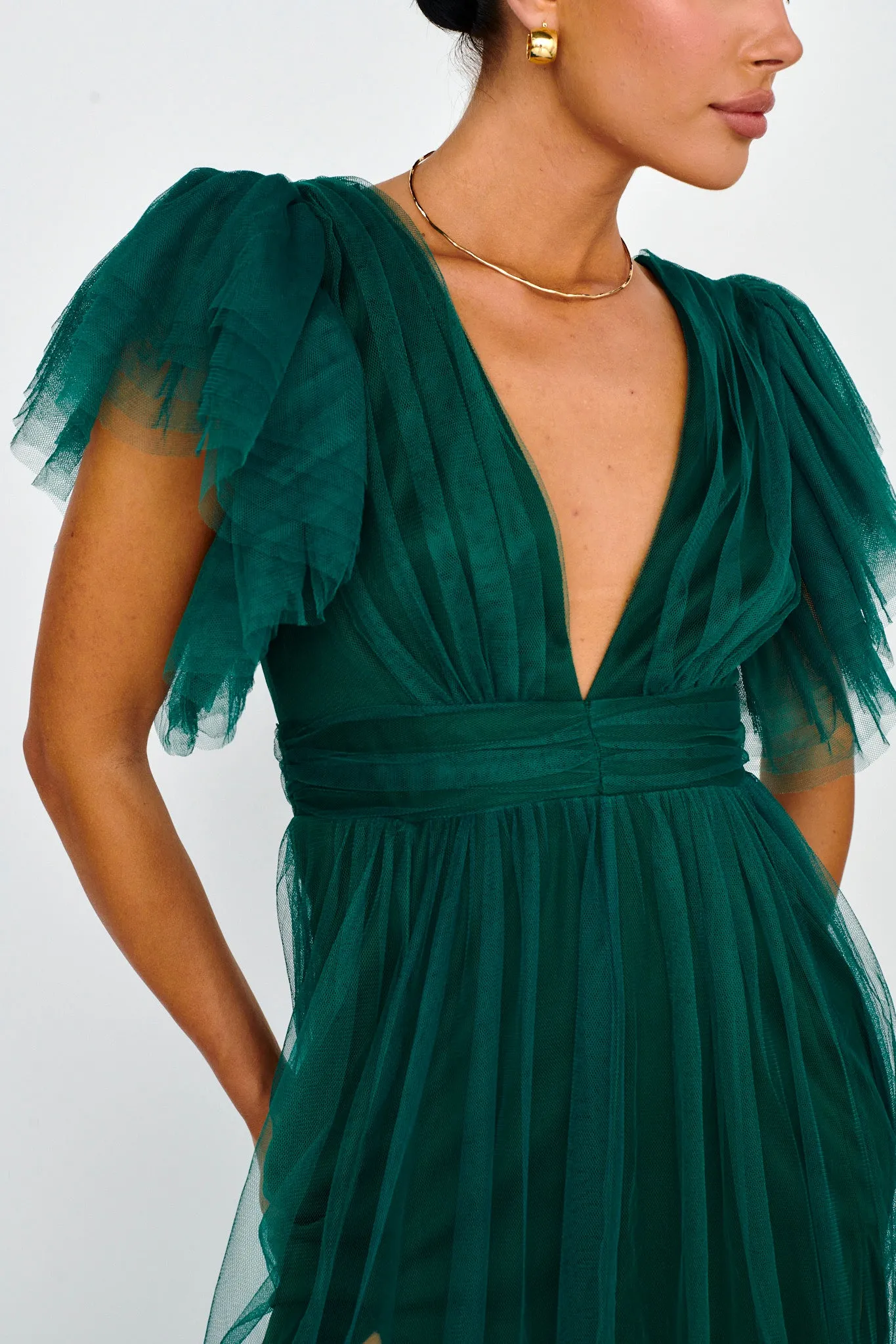 Heaven's Love Deep V-Neck Tulle Maxi Dress Hunter Green