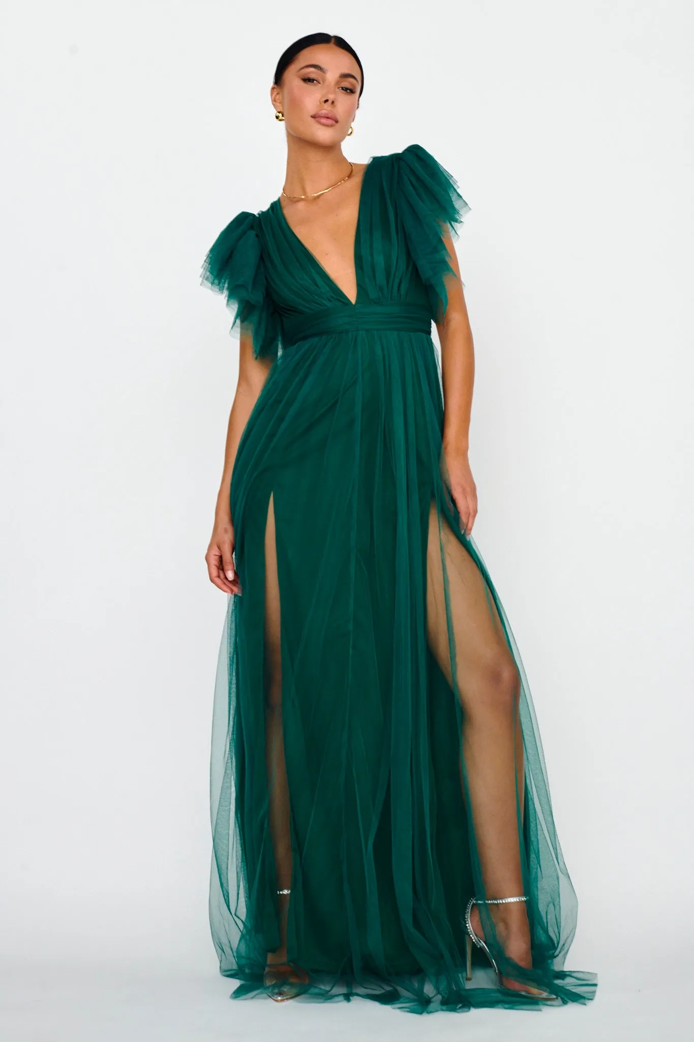 Heaven's Love Deep V-Neck Tulle Maxi Dress Hunter Green