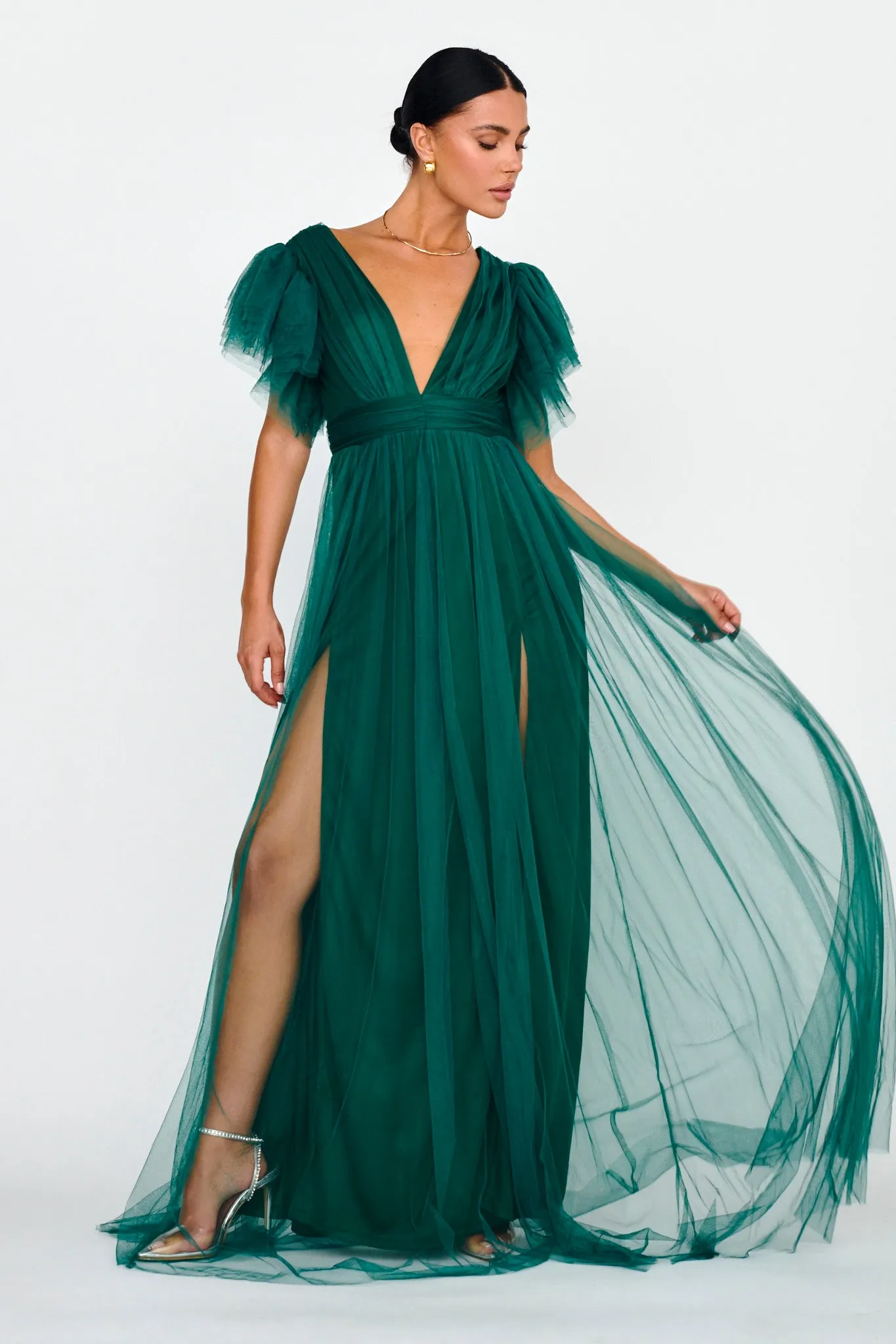 Heaven's Love Deep V-Neck Tulle Maxi Dress Hunter Green