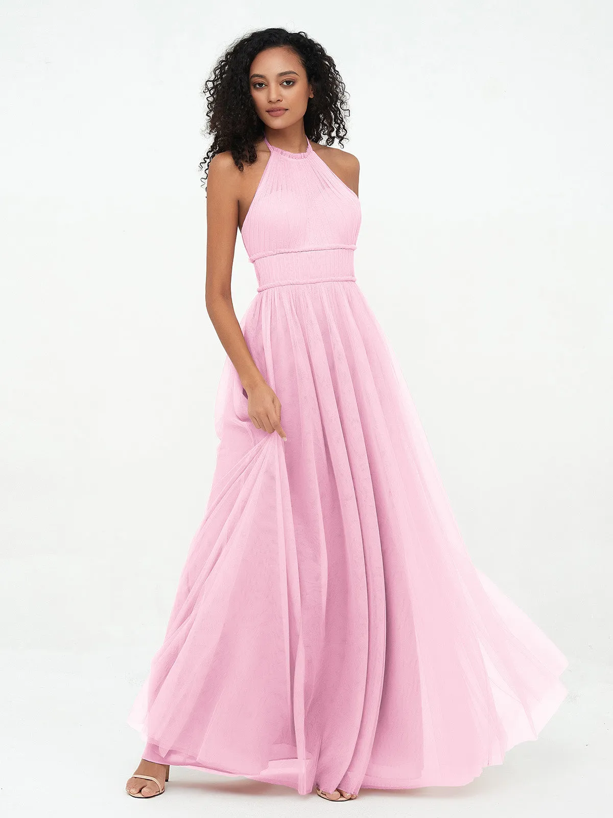 Illusion Halter Tulle Maxi Boho Dresses-Candy Pink Plus Size