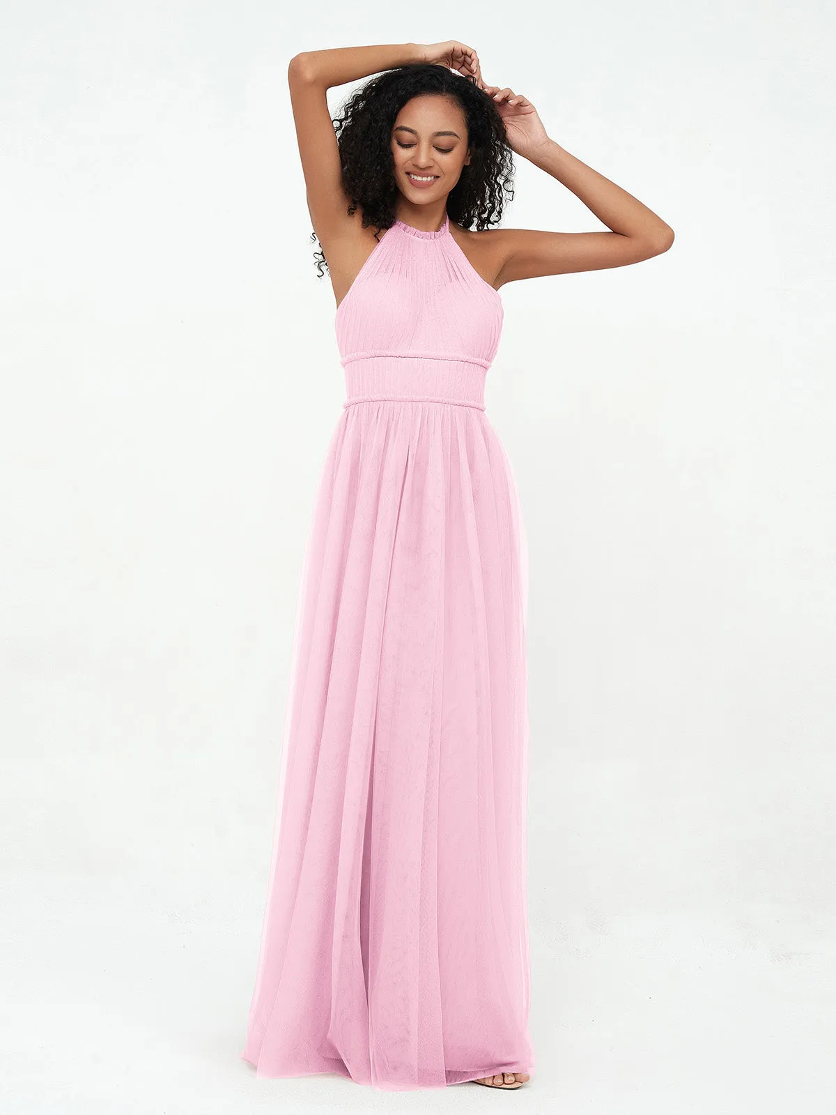 Illusion Halter Tulle Maxi Boho Dresses-Candy Pink Plus Size